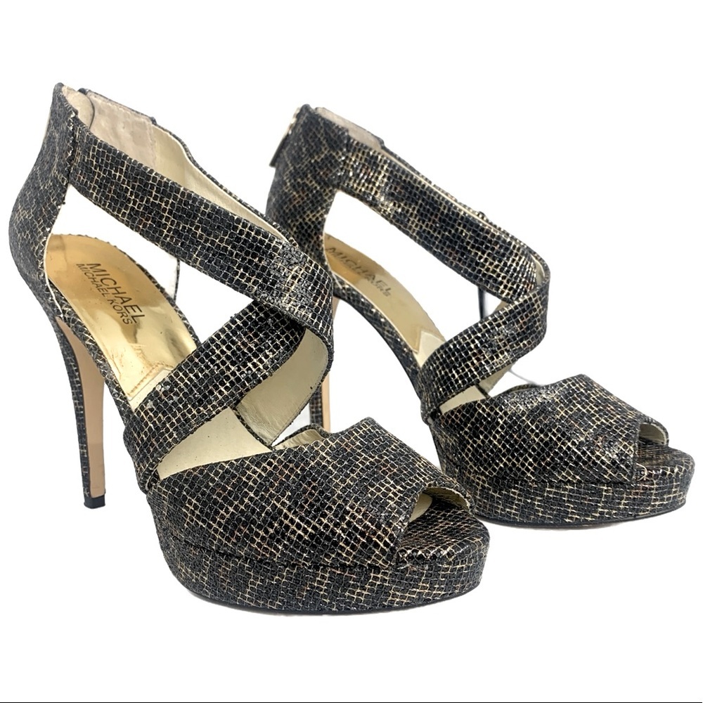 Michael Michael Kors 8 Evie Cheetah Black Glitter Platform Sandals Holiday Party